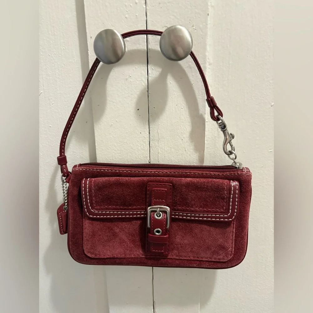 Coach Red/Burgundy Suede Leather Wristlet Bag - Picture 1 of 14